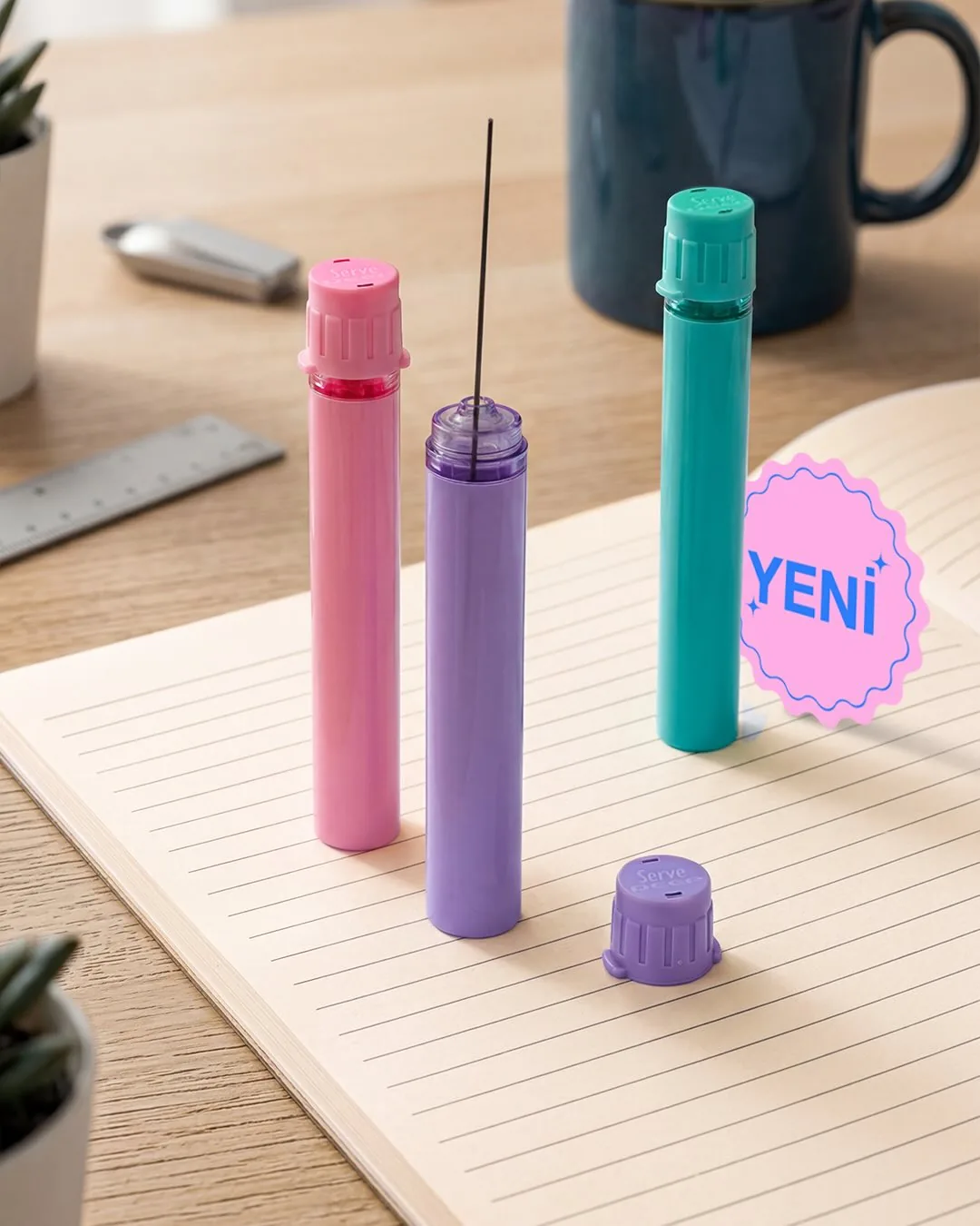 Defterin üzerinde pembe, mor ve yeşil Serve Deep Min tüpleri