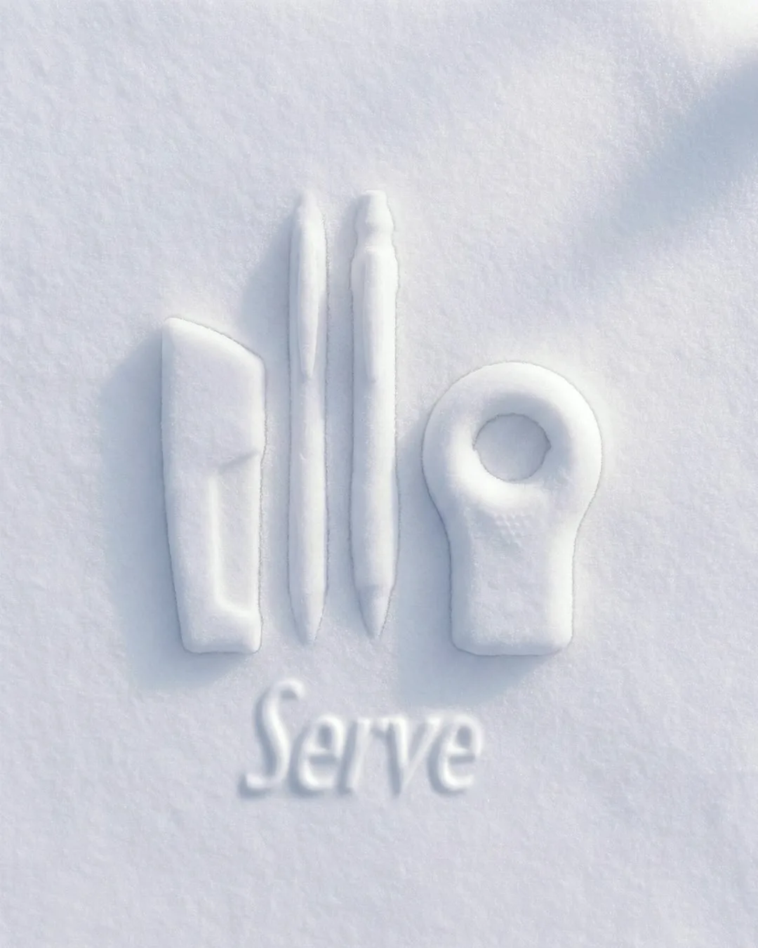 Karın üzerine kabartma: Serve silgi, iki kalem, kalemtıraş ve Serve logosu