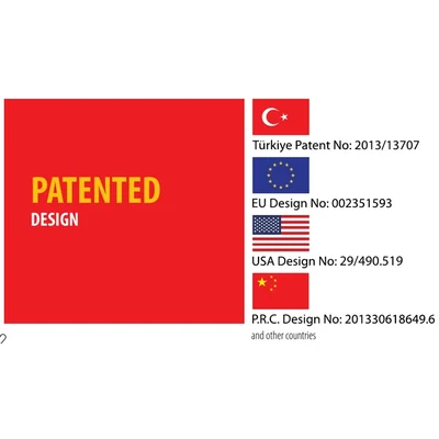 Patented Design — Türkiye Patent No: 2013/13707 · EU Design No: 002351593 · USA Design No: 29/490.519 · P.R.C. Design No: 201330618649.6
